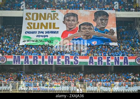 Kolkata, India. 6 giugno 2024. TIFO TIFOSO al ritiro di Sunil Chhetri durante le qualificazioni alla Coppa del mondo FIFA 2026 e la partita di qualificazione preliminare congiunta della Coppa d'Asia 2027 tra India e Kuwait al Salt Lake Stadium. Punteggio finale; India 0:0 Kuwait. Credito: SOPA Images Limited/Alamy Live News Foto Stock