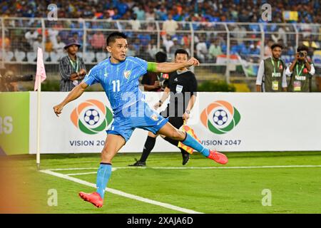 Kolkata, India. 6 giugno 2024. Sunil Chhetri indiano in azione durante la partita di qualificazione della Coppa del mondo FIFA 2026 e la partita di qualificazione congiunta preliminare della Coppa d'Asia 2027 tra India e Kuwait allo stadio Salt Lake. Punteggio finale; India 0:0 Kuwait. Credito: SOPA Images Limited/Alamy Live News Foto Stock