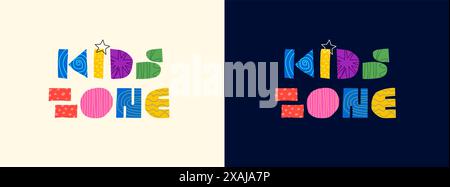 Logo decorativo astratto zona bambini. Moderna scritta con forme grafiche colorate per la pubblicità in sala giochi. I bambini si divertono e giocano in un posto alla moda e creativo. Iscrizione in stile cartoni animati Illustrazione Vettoriale