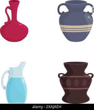 Set di quattro illustrazioni vettoriali colorate di caraffe e vasi di diverso stile su sfondo bianco Illustrazione Vettoriale