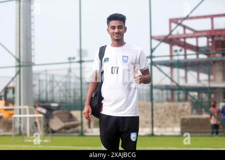 L'attaccante del Bangladesh Sheikh Morsalin durante la sessione pratica presso la Bashundhara Kings Arena, in vista della partita di andata della Coppa del mondo FIFA Foto Stock