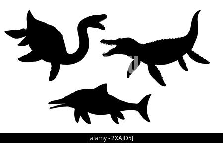 Silhouette nera di dinosauri acquatici predatori: Plesiosauro, ittiosauro e Kronosaurus. Rettili preistorici estinti del periodo giurassico. Foto Stock