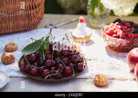 Picnic estivo all'aperto. Frutta e frutti di bosco in tavola. Vita sostenibile, femminilità e l'eleganza della vita rurale. Foto Stock