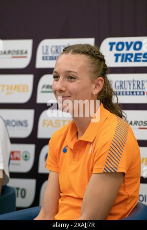 Femke Bol (NED), campionessa mondiale ed europea dei 400 m ostacoli, alla conferenza stampa per i Campionati europei di atletica leggera Roma 2024, Roma, Italia Foto Stock