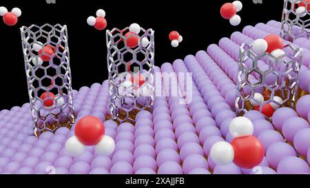 rendering 3d delle molecole che passano attraverso porine di nanotubo di carbonio su membrana lipidica bilayer Foto Stock