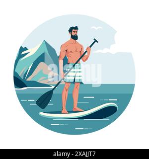 Illustrazione vettoriale un atleta felice tiene le pagaie tra le mani e si trova sulla tavola di sup. Riposo estivo attivo sul mare. Stand up paddle board. SUP. S Illustrazione Vettoriale