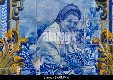 Piastrelle blu Azulejos a Pinhao, Portogallo Foto Stock