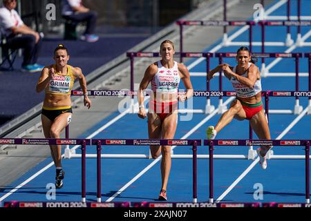 Roma, Italia. 7 giugno 2024. Roma, Italia, 7 giugno 2024: Vanessa Grimm (Germania), Paulina Ligarska (Polonia) e Rita Nemes (Ungheria) durante i 100 metri ostacoli dell'Heptathlon durante i Campionati europei di atletica leggera 2024 allo Stadio Olimpico di Roma, Italia. (Daniela Porcelli/SPP) credito: SPP Sport Press Photo. /Alamy Live News Foto Stock