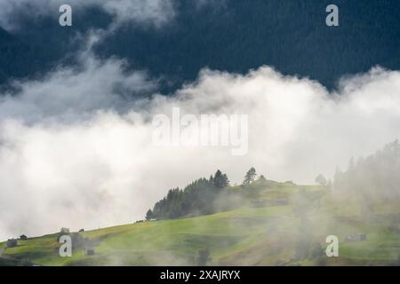 Austria, Serfaus-Fiss-Ladis, Fiss Wisps di nebbia dopo una doccia a pioggia. Foto Stock