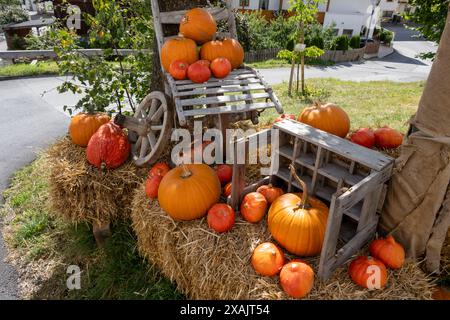 Austria, Serfaus-Fiss-Ladis, Serfaus, Pumpkins as decoration. Foto Stock