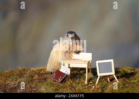 Marmotta alpina (Marmota marmota), giovane marmotta si trova dietro la scrivania della scuola e la lavagna, accanto ad essa si trova una borsa a mano, un libro degli esercizi e delle matite sul tavolo Foto Stock