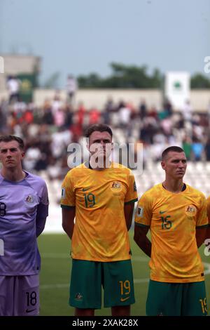 Da Joe Gauci, Harry Souttar e Mitchell Duke prima della partita di andata delle qualificazioni ai Mondiali FIFA contro Banglad Foto Stock