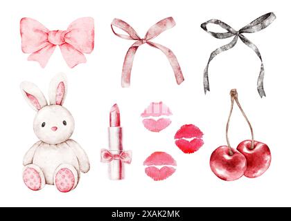 Una serie di elementi acquerelli in stile coquette. Ciliegia, lepre giocattolo, labbra, rossetto, archi. Colore rosa. Clipart. Per collage, adesivi, scrapbooking, prin Foto Stock