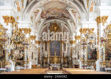 Interno della Studienkirche Mariä Himmelfahrt a Dillingen an der Donau, Baviera, Germania Foto Stock