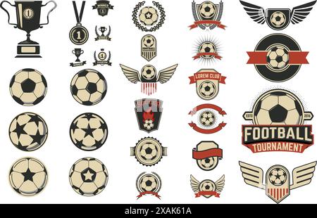 Set di etichette da calcio e emblemi di design isolati su sfondo bianco. Torneo di calcio. Elementi di design vettoriali per logo, etichetta, emblema. Illustrazione Vettoriale