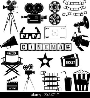 Set di icone cinematografiche. Sedia da regista, macchine fotografiche, occhiali 3d, biglietti, pellicola. Elementi di design per poster, logo, etichetta, emblema, cartello. Vettore i Illustrazione Vettoriale