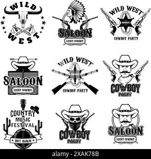 Set di etichette monocromatiche per cowboy, rodeo, selvaggio West e badge isolati su sfondo bianco. Illustrazione Vettoriale