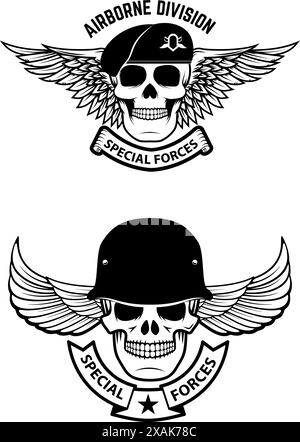 forze speciali. Teschi alati in copricapi militari. Elementi di design per emblema, badge. Illustrazione vettoriale. Illustrazione Vettoriale