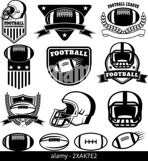 Set di etichette, emblemi ed elementi di design del football americano. Icone del calcio. Campionato di calcio. Campionato di football americano. Design vettoriale eleme Illustrazione Vettoriale