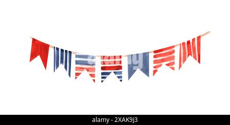 Bandiera garland in rosso e blu. Piccole bandiere nelle strisce orizzontali e verticali. Bandiere appese alla fune. Colori nazionali americani. Felice 4 luglio. Foto Stock