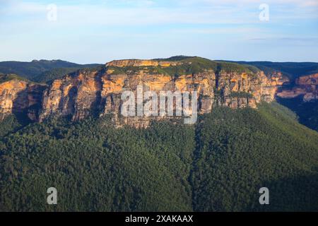 Ammira le scogliere e le lussureggianti valli del Blue Mountains National Park dal Pulpit Rock Lookout nel New South Wales, Australia Foto Stock