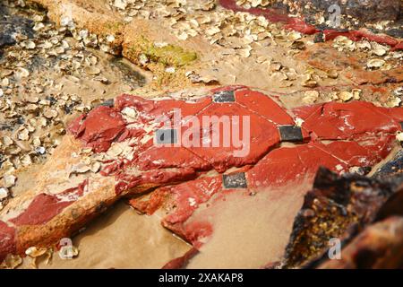 Rusty pezzo sbriciolato del relitto della SS Maheno metà sepolto nella sabbia della spiaggia di 75 miglia sulla costa orientale di Fraser Island nel Queensland, Austra Foto Stock