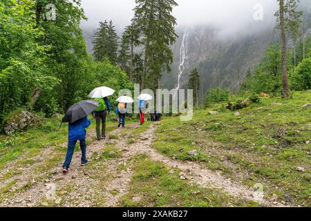 Europa, Germania, Baviera, Alpi Bavaresi, Berchtesgaden, gruppo escursionistico con ombrelloni sulla strada per le cascate Röthbach Foto Stock