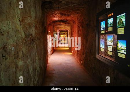 Museo sotterraneo nel Desert Cave Hotel a Coober Pedy, (Australia meridionale), scavato in pietra arenaria in questa città mineraria, soprannominata Opal CA Foto Stock