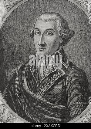 Jean Baptiste Camille de Canclaux (1740-1817). Comandante dell'esercito francese durante la Rivoluzione francese. Verticale. Incisione di Pannemaker. "Storia della Rivoluzione francese". Volume i, 1876. Foto Stock