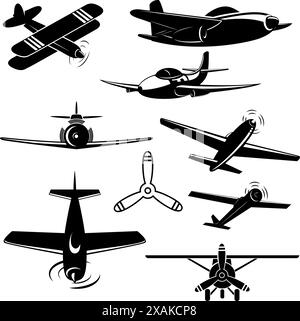 Set di aeroplani d'epoca da diverse angolazioni. Silhouette dei piani. Logotipo, emblema, elementi di design dell'etichetta nel vettore. Illustrazione Vettoriale