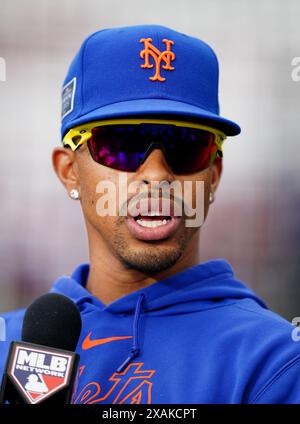 Francisco Lindor dei New York Mets durante una giornata di allenamento in vista della partita della MLB London Series al London Stadium di Londra. Data foto: Venerdì 7 giugno 2024. Foto Stock