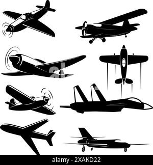 Set di aeroplani d'epoca da diverse angolazioni. Silhouette dei piani. Logotipo, emblema, elementi di design dell'etichetta nel vettore. Illustrazione Vettoriale