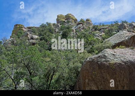 Roccia bilanciata in cima alle formazioni di pinnacoli al Monumento Nazionale di Chiricahua Foto Stock