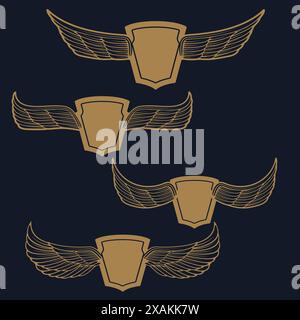 Set di emblemi con ali in stile oro su sfondo blu. Elemento di design per logo, etichetta, emblema, cartello, badge. Illustrazione vettoriale. Illustrazione Vettoriale
