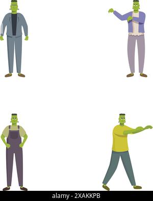 Set di illustrazioni di un personaggio di frankenstein in diversi costumi e pose Illustrazione Vettoriale
