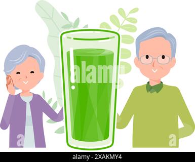 Una coppia di anziani sorridente che sta fianco a fianco con bicchieri di succo verde tra di loro. Un'immagine positiva. Illustrazione Vettoriale