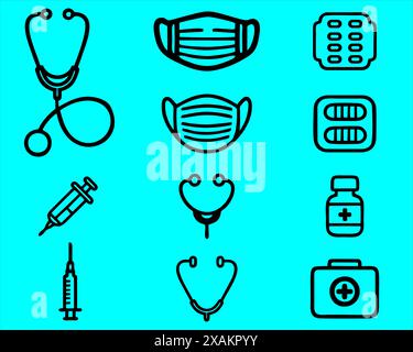 raccolta di varie cose di icone di apparecchiature mediche in nero. Illustrazione Vettoriale