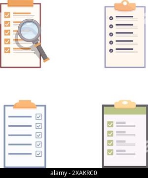 Raccolta di quattro icone di design piatto che raffigurano vari stili di checklist, adatte per il Web e la stampa Illustrazione Vettoriale