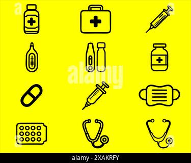 raccolta di varie cose di icone di apparecchiature mediche in nero. Illustrazione Vettoriale
