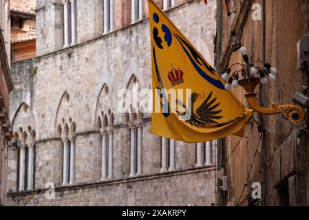 Bandiere di Contrade del quartiere Aquila-Eagle appese in una strada del centro di Siena, Italia Foto Stock