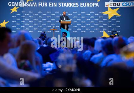 Monaco, Germania. 7 giugno 2024. Friedrich Merz, presidente federale della CDU, partecipa alla manifestazione finale della CDU e della CSU per le elezioni europee del Löwenbräukeller. Crediti: Sven Hoppe/dpa/Alamy Live News Foto Stock