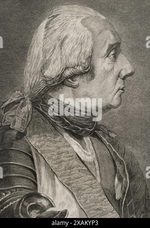 Lancelot Turpin de Crisse (Compte Turpin de Crisse) (1716-1793). Militare e scrittore francese. Verticale. Incisione di Picquenot. "Commentaires de Cesar, avec des notes historiques, critiques et militaires" del conte Turpin de Crisse. Volume I. pubblicato a Montargis e venduto a Parigi, 1785. Foto Stock