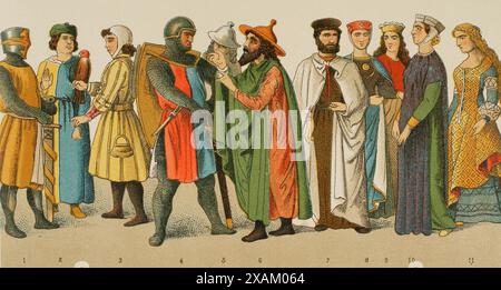 Storia della Germania. Medioevo. 1200. Da sinistra a destra, 1: cavaliere, 2: Medico, 3: falconiere, 4: cavaliere, 5-6: ebrei, 7: cavaliere dell'ordine Teutonico, 8-9-10-11: nobildonne. Cromolitografia. "Historia Universal", di Cesar Cantu. Volume X, 1881. Foto Stock