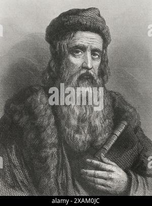 Johannes Gutenberg (ca. 1399-1468). Inventore tedesco. Intorno al 1450 creò la prima macchina da stampa di tipo mobile. Verticale. Incisione di Geoffroy. "Historia Universal", di Cesar Cantu. Volume IV, 1856. Foto Stock