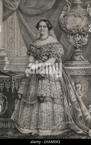 Maria Cristina de Borbon delle due Sicilie (1806-1878). Regina consorte di Spagna tra il 1829 e il 1833 dal suo matrimonio con re Ferdinando VII, di cui fu la sua quarta e ultima moglie. Reggente del regno dal 1833 al 1840. Verticale. Disegno di C. Legrand. Litografia di J. Donon. Reyes Contemporaneos. Volume I. pubblicato a Madrid, 1855. Foto Stock