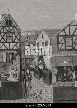 Negozi in una strada: Barbiere, pellicce e sarto. Incisione da una miniatura del "Livre du regime des princes" di Gilles de Rome (ca. 1247-1316). Sciences & Lettres au Moyen Age et a l'epoque de la Renaissance. Parigi, 1877. Foto Stock
