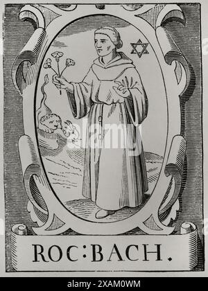 Roger Bacon (ca. 1214-1294). Filosofo inglese e teologo scolastico dell'ordine francescano. Conosciuto come Dottor Mirabilis. Verticale. Incisione di Jean de Vries. Sciences & Lettres au Moyen Age et a l'epoque de la Renaissance. Parigi, 1877. Foto Stock