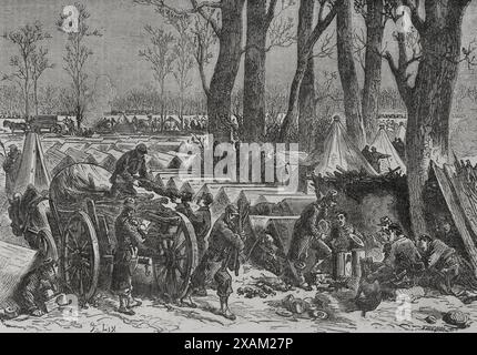 Guerra franco-prussiana (1870-1871). Assedio di Parigi (dal 19 settembre 1870 al 28 gennaio 1871). Bivacco delle truppe del generale Ducrot nel bosco di Vincennes. Incisione di Trichon. Historia de la Guerra de Francia y Prusia (storia della guerra tra Francia e Prussia). Volume II Pubblicato a Barcellona, 1871. Foto Stock