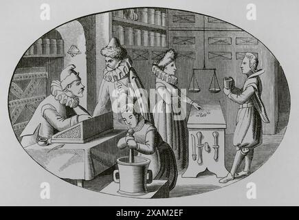 Farmacista e droghiere francese, XVI secolo. Incisione su un'illustrazione di Jean de Vries del XVI secolo. "Moeurs, usages et costumes au moyen-age et a l'epoque de la Renaissance", di Paul Lacroix. Parigi, 1878. Foto Stock