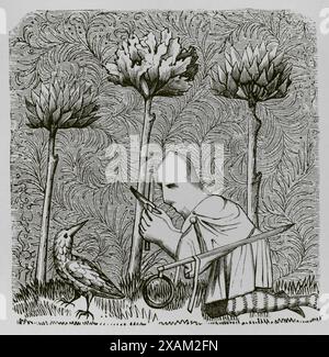 Cacciatore di uccelli che cerca di catturare un becco di legno, travestito e un cappio su un bastone per farla scivolare intorno al collo. Incisione su una miniatura dal libro del 'ROI Modus' (Re Modus), XIV secolo. "Moeurs, usages et costumes au moyen-age et a l'epoque de la Renaissance", di Paul Lacroix. Parigi, 1878. Foto Stock